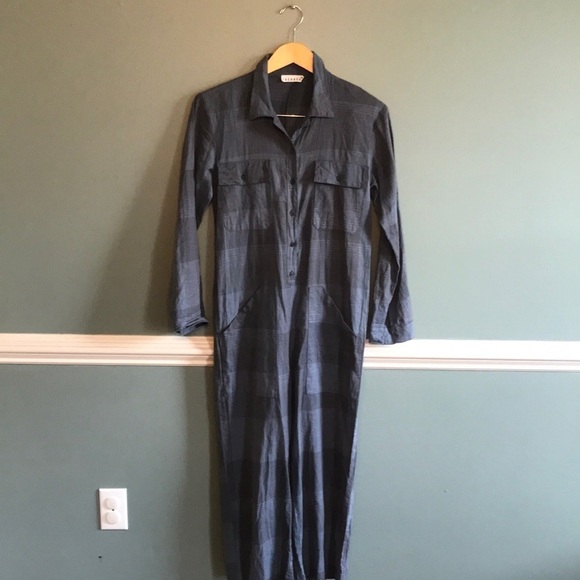 LACAUSA Dali jumpsuit. Utility size XS cropped hemp linen. Plaid. Minimalist - Picture 2 of 8